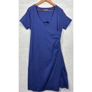 Soft Surroundings Womens Dress L Blue Short-Sleeve V-Neck Ruched Side Slit
